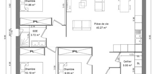 Plan de maison Surface terrain 80 m2 - 4 pièces - 3  chambres -  sans garage 