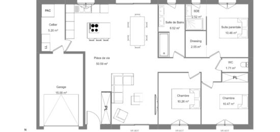 Plan de maison Surface terrain 95 m2 - 4 pièces - 3  chambres -  avec garage 