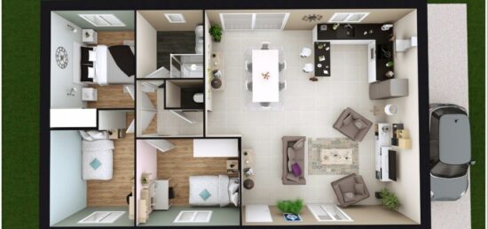 Plan de maison Surface terrain 82 m2 - 3 pièces - 3  chambres -  avec garage 