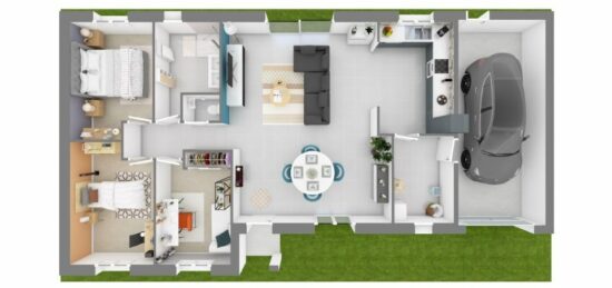 Plan de maison Surface terrain 100 m2 - 4 pièces - 3  chambres -  avec garage 